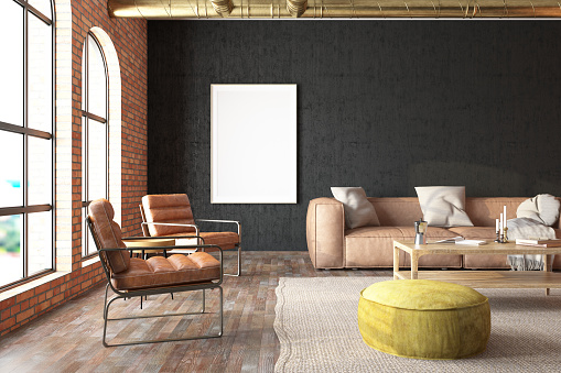 Industrial Style Loft Living Room Interior with Mock up Picture Frame nad Furniture. 3D Render