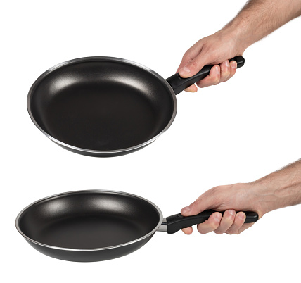 Collection of hand holding Frying pan isolated on white background.