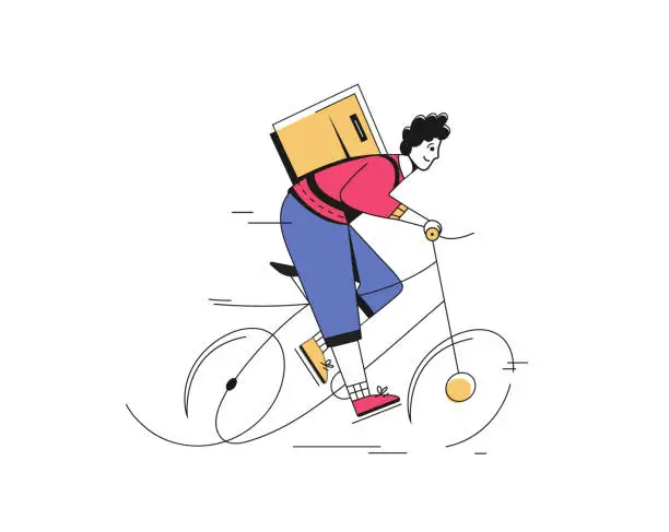 Vector illustration of A guy on a bike with parcel box is delivering food. Vector illustration isolated on a white background