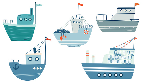 Ships collections. Cartoon Sailboats. Sea water transport for traveling and fishing. Doodle Scandinavian style childish ship. Ideal for printing, postcards and children's games. Vector illustration