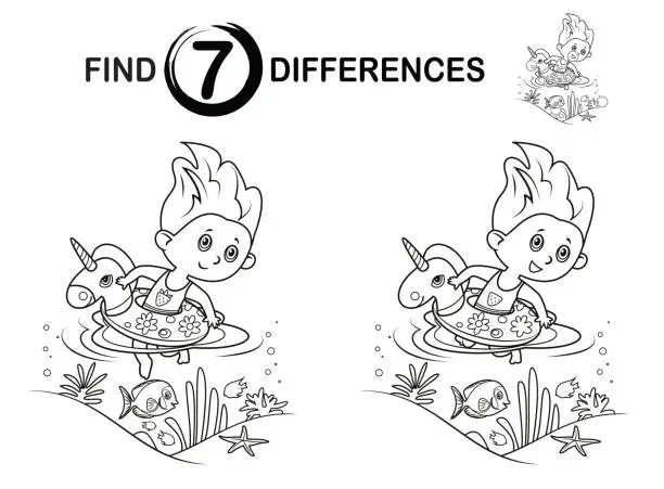 Vector illustration of Find differences, little girl swim in inflatable ring