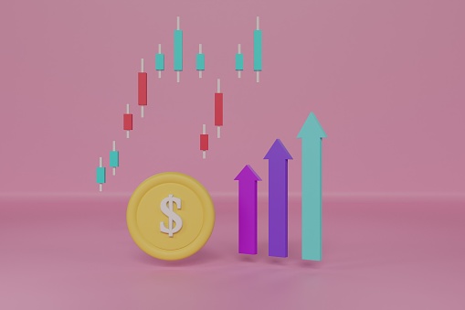 3D saving money-coin growth concept graph on pink background. icon illustration 3d render