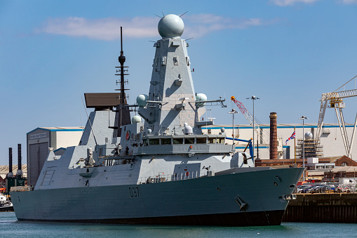 HMS Duncan (D37) is the sixth and last of the Type 45 or Daring-class air-defence and guided missile destroyers built for the British Royal Navy and launched in 2010. Moored in the Naval Dockyard in Portsmouth on the south coast of England.