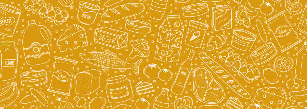 Seamless vector banner with hand drawn food illustrations Seamless vector banner with hand drawn supermarket products illustrations. Background with doodle food sketches. Concept for grocery delivery and shopping. Cooking ingredients pattern buying liquor stock illustrations