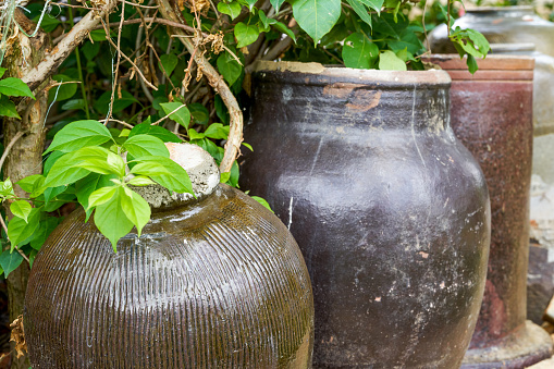 Ancient greek jug on green grass, garden furniture