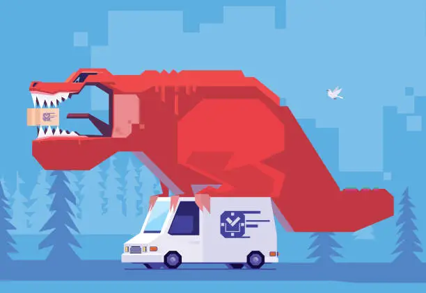 Vector illustration of dinosaur holding parcel and sitting on deliver van