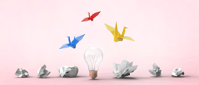 Light bulb with creating new ideas and ideas in business development ideas through paper bird folding in red background. copy space, banner, website, poste - 3d rendering