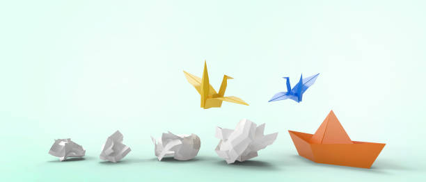 istock Developing leadership success and creating goals with new ideas and creative ideas in business building ideas through folding paper birds and paper boats in green background. copy space -3d rendering 1487462738