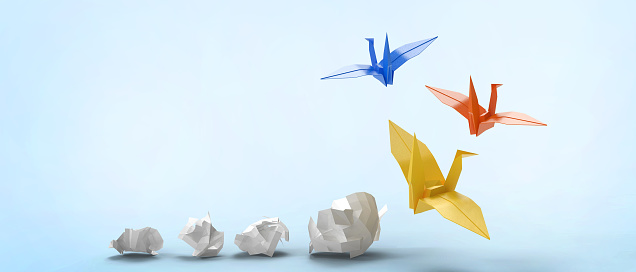 success and Transform ideas and creativity in business ideas through folding paper birds in blue background. copy space, banner, website, poste - 3d rendering