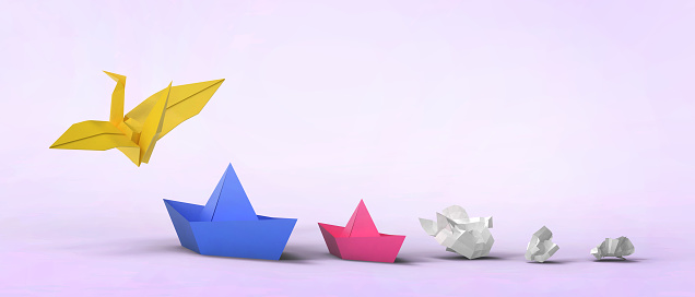 Paper boat and paper bird ideas with business leadership ideas and adaptation concepts in online marketing competition in purple background. copy space, banner, website, poste - 3d rendering