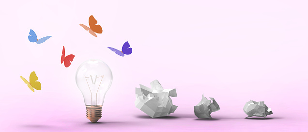 Light bulb with creating fun ideas and develop online business through origami paper butterflies in pink background. copy space, banner, website, poste - 3d rendering