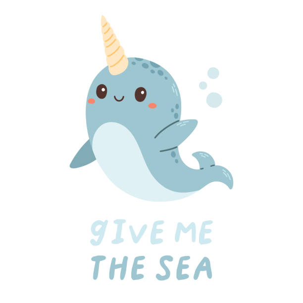 Sea life lettering quote decorated with cute cartoon doodles. Sea poster, print, card, kids apparel decor, sticker. Sea life lettering quote decorated with cute cartoon doodles. Nursery sea poster, print, card, kids apparel decor, sticker. EPS 10. Vector illustration narwhal stock illustrations