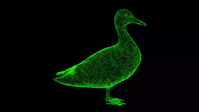 3D duck rotates on black bg. Object dissolved green flickering particles 60 FPS. Business advertising backdrop. Science concept. For title, text, presentation. 3D animation