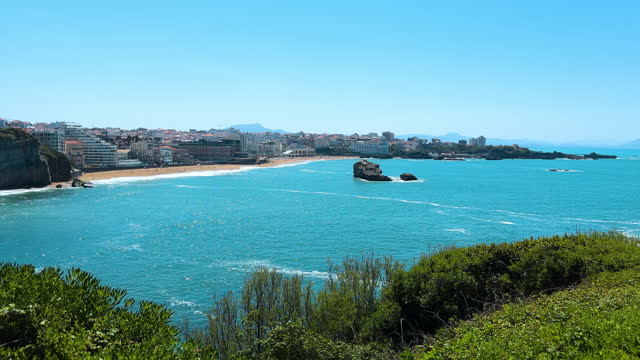 Scenic landscape of the beach and coastline of Biarritz, famous touristic destination in France. High quality 4k footage