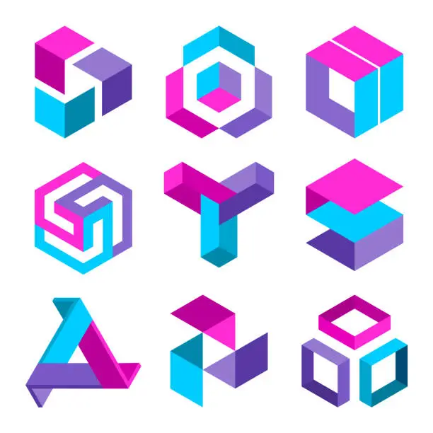 Vector illustration of Colorful geometric elements. Group of cubic 3D graphic shapes. Isometric logo design template.