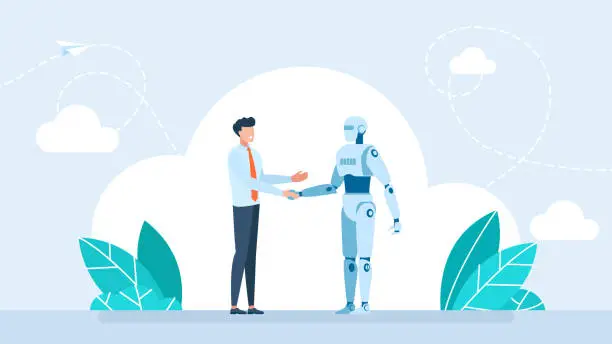 Vector illustration of Ai robot and businessman handshake together. Partnership with AI. Artificial Intelligence Robot and Business Man Character Shaking Hands. Cooperation with Artificial Intelligence. Vector illustration