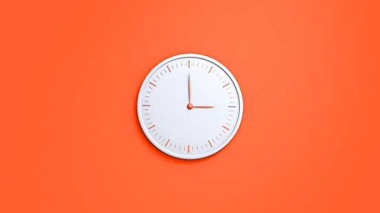 Clock on wall. White wall clock isolated on orange background. White wall clock hanging on the wall. Time Concept, Copy space and central composition. 3d render illustration.