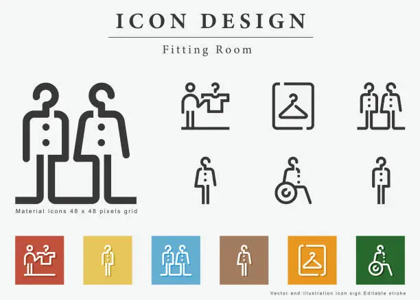 Vector illustration of Fitting room, Contact, Shopping Mall, Hanger, Women, Man, Clothing shoping Sale, Disabled Person, Sign, Indoor, fashion, Tshirt, Dress, Laundry,Symbol. Simple and Minimal Icons Design, Editable Stroke