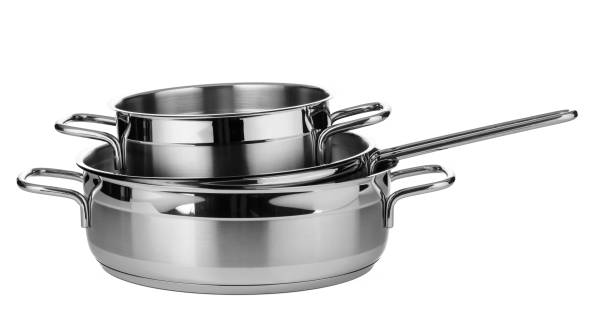 istock Set of stainless steel dishware isolated on white background 1487471495