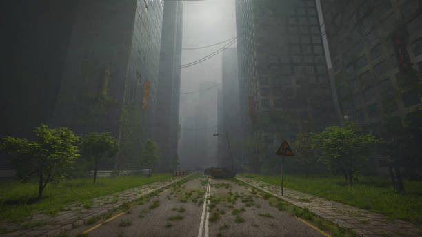 Apocalypse in city as real futuristic concept 3d render Post apocalyptic realistic scene in a city urban environment after a nuclear war or a virus pandemic as a concept of the future nuclear fallout stock pictures, royalty-free photos & images