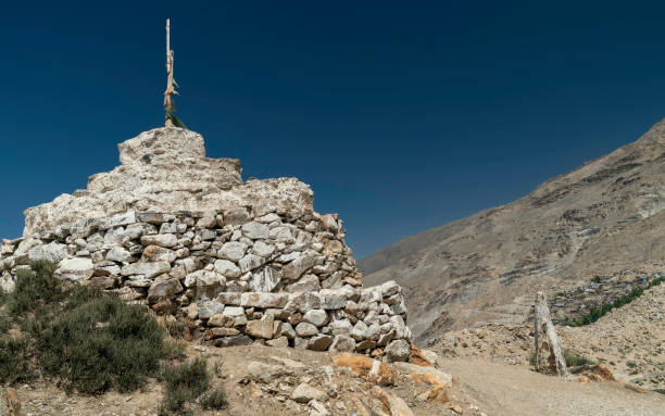 istock Large Buddhist stupa with dirt footpath under blue sky in Nako, India. 1487472425