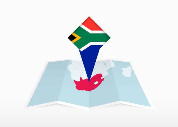 Vector illustration of South Africa is depicted on a folded paper map and pinned location marker with flag of South Africa.