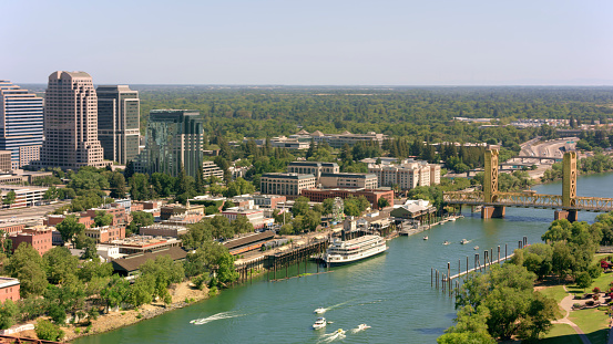 Aerial View of Tower Bridge on Sacramento River in city, Sacramento, California, USA.