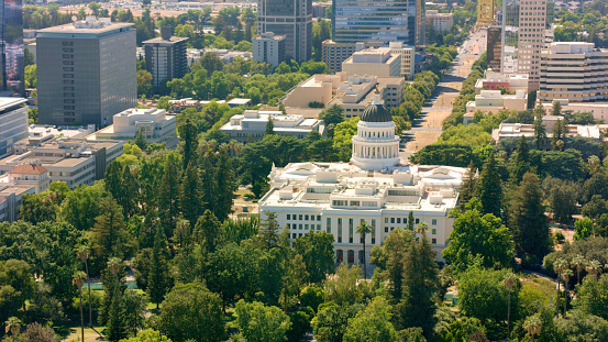 Aerial view of California State Capitol building in city, California, USA