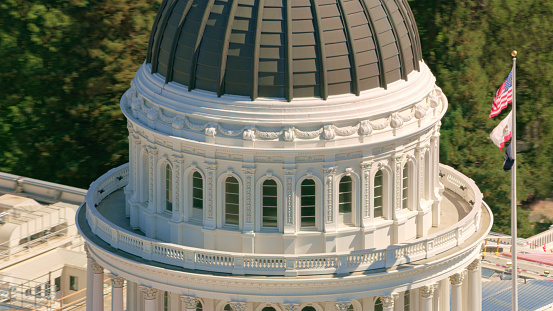 Aerial view of dome of California State Capitol building in city, California, USA