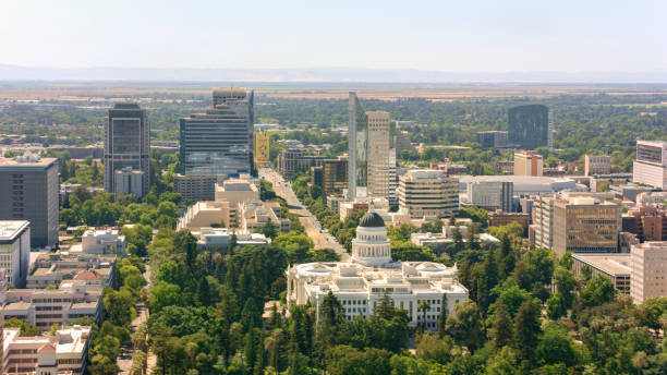 View of California State Capitol building Aerial view of California State Capitol building in city, California, USA. sacramento stock pictures, royalty-free photos & images