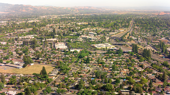 Aerial view of suburban neighbourhood, Napa County, California, USA.