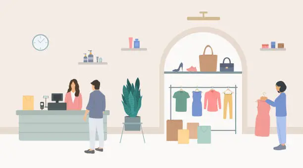 Vector illustration of Fashion Boutique Interior With Hanging Clothes, Shoes, Bags And Beauty Products. Young Woman Choosing Dress, Female Cashier Working At Checkout And Male Customer Buying Clothes.