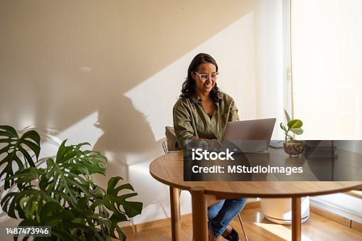istock Woman sitting and working 1487473946
