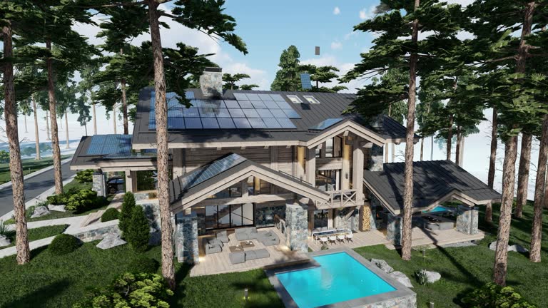 4K video rendering of Solar panels on the roof of modern cozy chalet