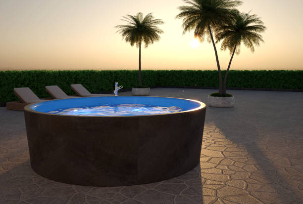 istock modern luxury bathroom with shower,  swimming pool and palm - 3D Illustration 1487475354