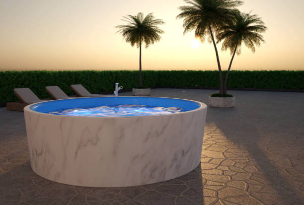 istock modern luxury bathroom with shower,  swimming pool and palm - 3D Illustration 1487475360