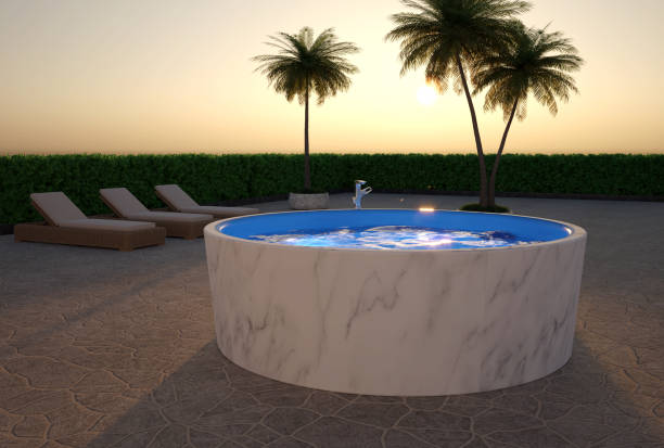istock modern luxury bathroom with shower,  swimming pool and palm - 3D Illustration 1487475384