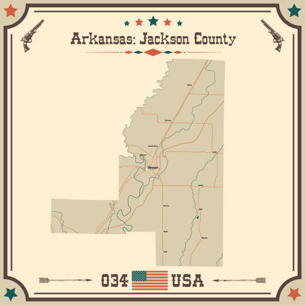 Large and accurate map of Jackson County, Arkansas, USA with vintage colors.