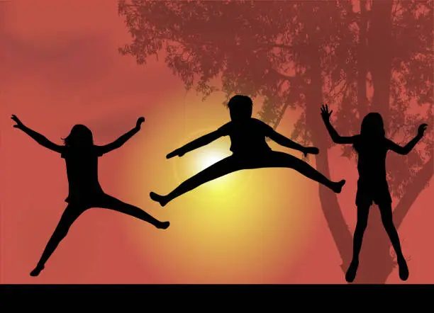 Vector illustration of Silhouettes of people jumping. Sunset background.