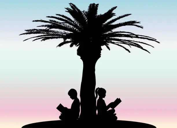 Vector illustration of Silhouettes of people with a book. Desert island.