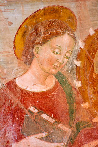 Detail of a fresco on a wall of the Romanesque church of Santa Maria Assunta, in Bominaco, L'Aquiila province, in Abruzzo (Italy). The church was founded around the year 1080, XII century