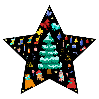 star with festive Christmas elements. A set of elements of the New Year's holiday. Vector illustration in a flat cartoon style