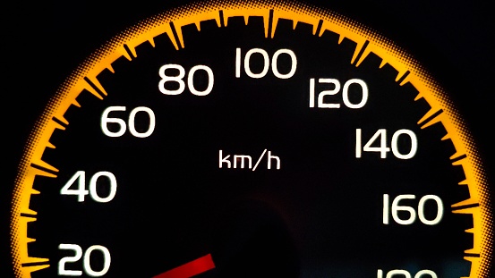 Car speedometer with orange and white lights