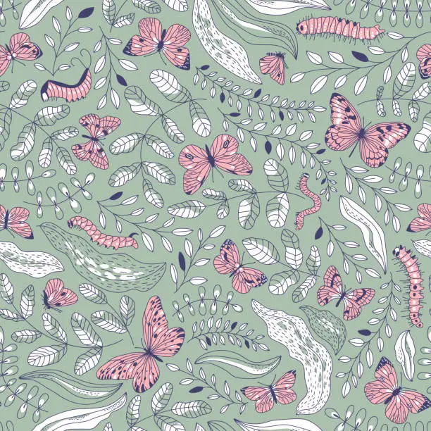 Vector illustration of 2023_0405_Seamless pattern of beautiful butterflies, caterpillars and plants on a green background_8