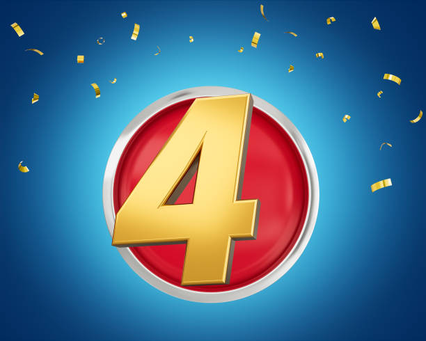 istock Gold Number 4 Gold Number Four On Rounded Red Icon with Particles On Blue Background 3d illustration 1487480724