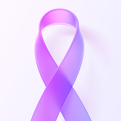 Breast cancer prevention month in october, social awareness symbol 3d render. Iridescent glass ribbon with pink purple gradient texture isolated on white background, medical concept. 3D illustration