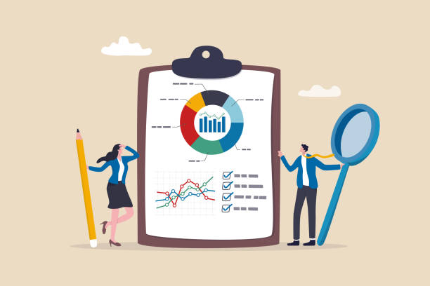 illustrations, cliparts, dessins animés et icônes de rapport d’entreprise, diagramme et graphique de données, statistiques ou analyses, résumé ou performance de l’analyse de données, concept d’étude de marché, gens d’affaires avec loupe tenir le presse-papiers avec graphique de rapport. - spreadsheet improvement analyst graph