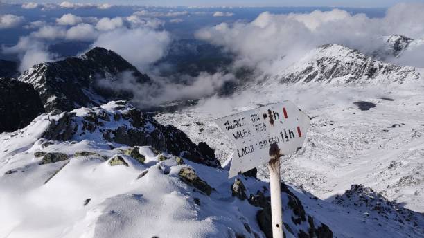 istock Snow-capped mountain peak with a signpost. 1487481231