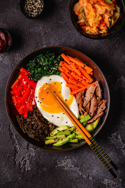 istock Traditional Korean dish Bibimbap: rice with vegetables beef and egg. 1487481560