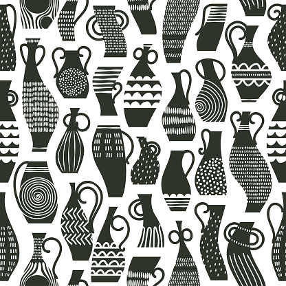 Seamless pattern of ceramic pots. Antique vases with handles and drawings. Beautiful jug and dishes on a white background. Print with an interior item decoration